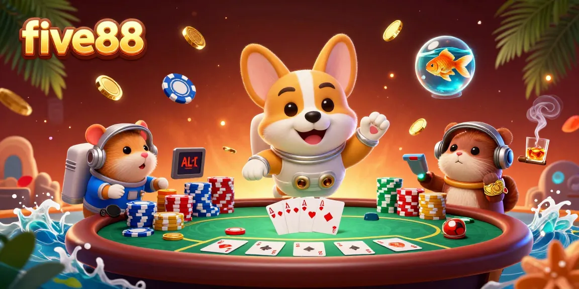 Join the exciting action at five88, where a cartoon astronaut corgi plays in a vibrant casino.