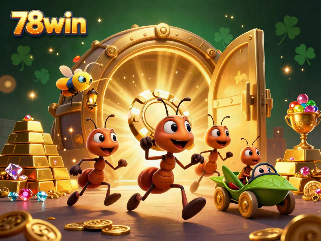 Engage in thrilling heists with 78win as animated ants escape with giant poker chips under a golden vault backdrop.