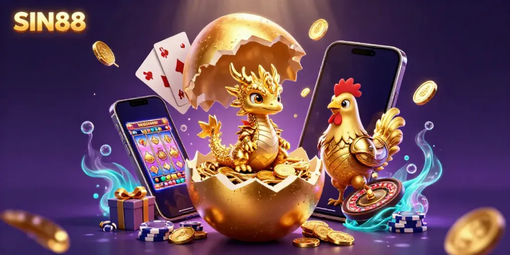 Engaging illustration of the SIN88 brand showcasing a golden baby dragon amidst poker chips and gaming elements.