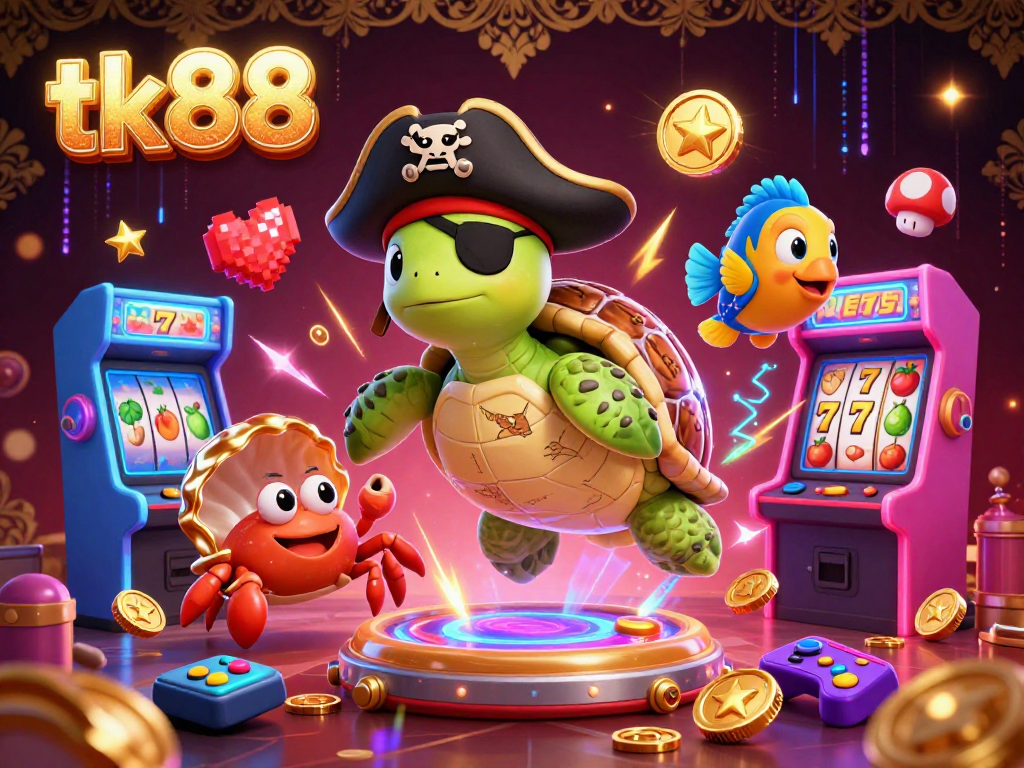 Engage at tk88 with a vibrant 3D pirate-themed casino illustration featuring characters and slot elements.