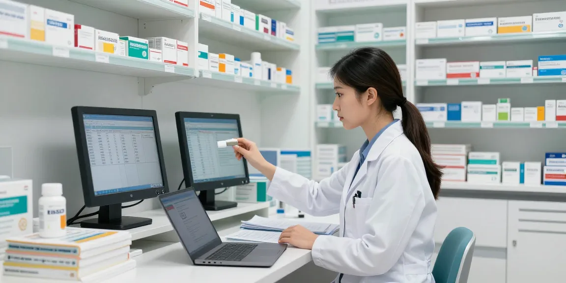 Focused pharmacist reviewing HAAD exam relevant medication information in a modern pharmacy setting.