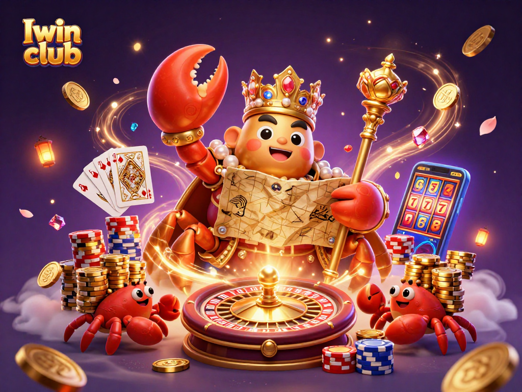 Iwin club celebrates gaming excitement with a 3D golden crab emperor holding treasures amidst dynamic casino elements.
