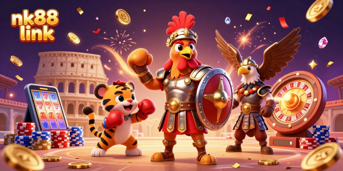 Spin the reels with nk88 link in a dynamic 3D illustration of a gladiator rooster and gaming excitement.