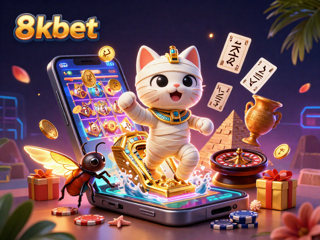 Win big with 8kbet's vibrant casino illustration featuring a mummy cat and golden scarab.
