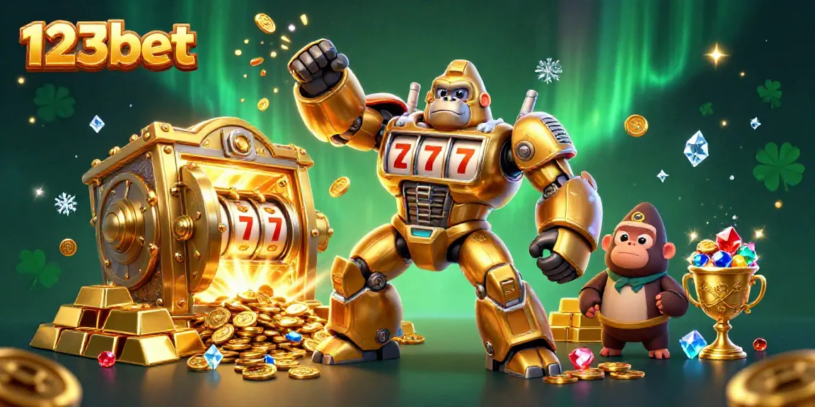 Experience the thrill of winning with 123bet's golden gorilla mech amidst treasure.