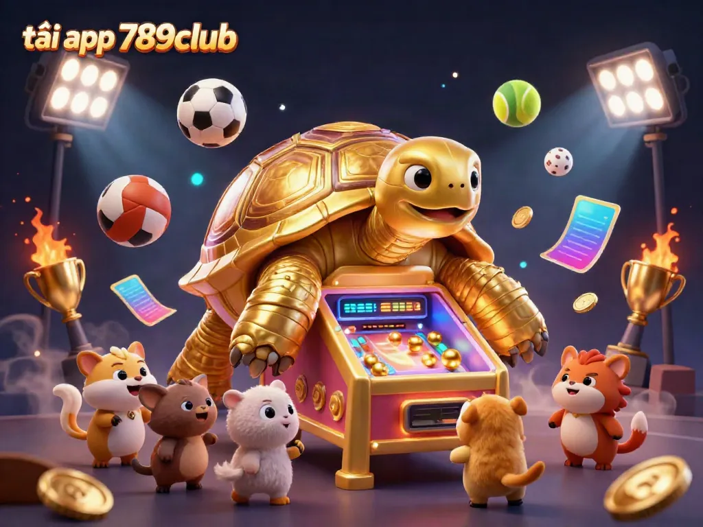 Play the exciting tải app 789club with an interactive golden tortoise pinball machine and vibrant sports elements.