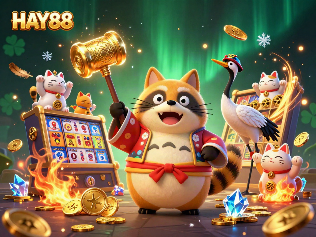 Experience the vibrant HAY88 casino atmosphere with lucky characters and gaming elements.