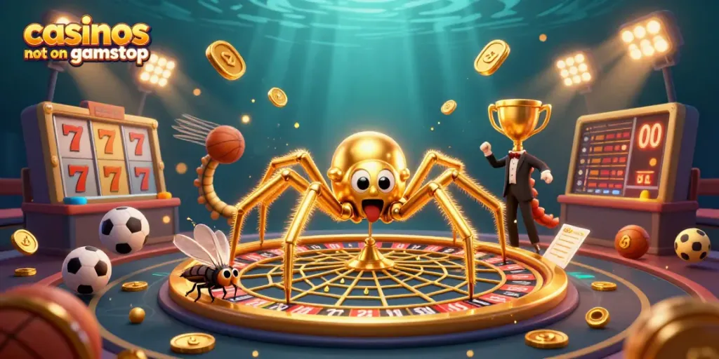 Casinos not on gamstop showcase thrilling bets in a vibrant 3D scene with a roulette wheel and gaming elements.