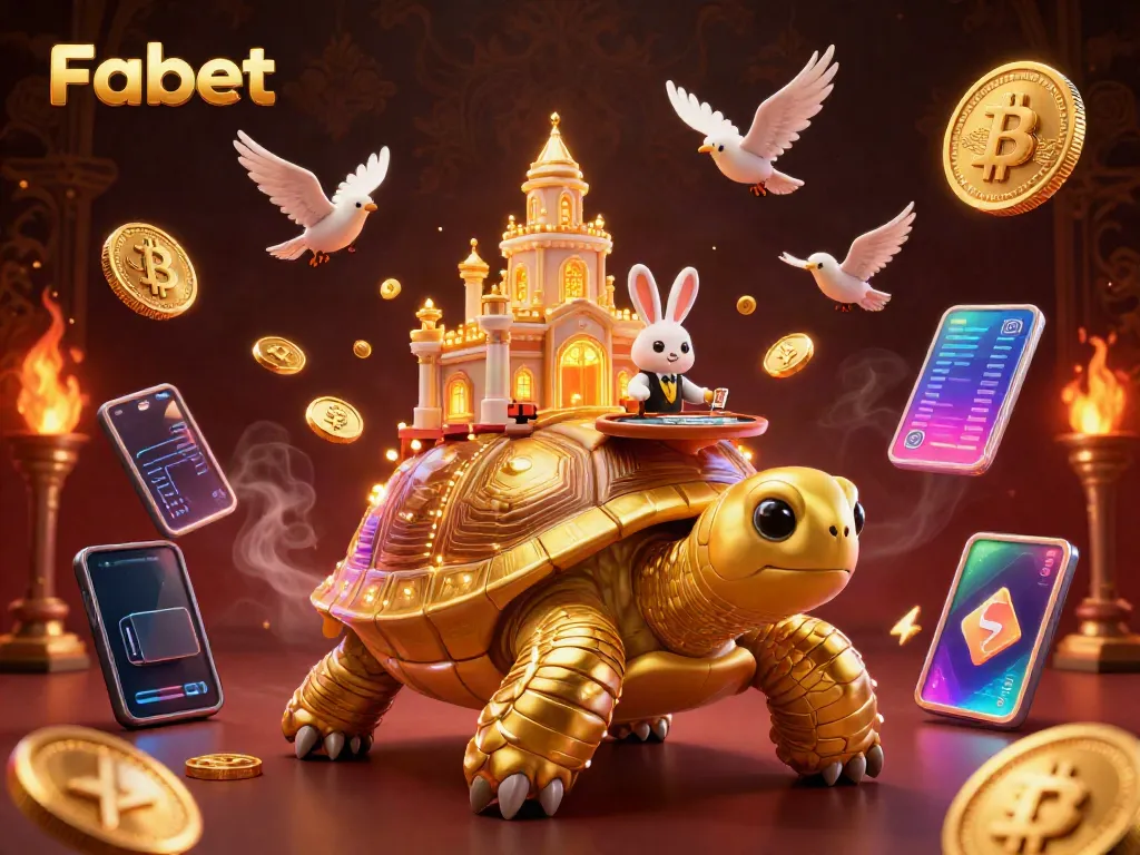 Experience Fabet's exciting gaming world with a dynamic casino scene featuring a golden tortoise and a rabbit dealer.