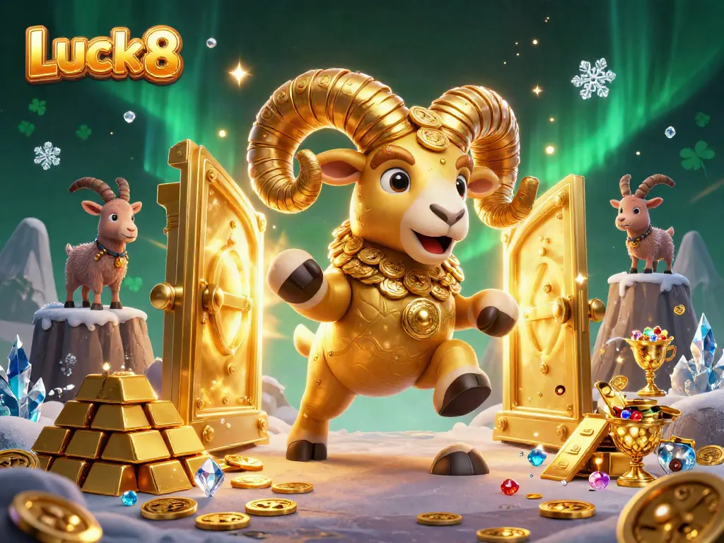 Luck8's striking 3D illustration showcasing the golden ram charging through a treasure vault, surrounded by riches.