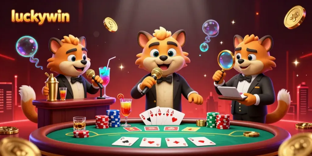 Hyenas engage in a lively casino scene, showcasing luckywin vibes with poker elements and vibrant cocktails.