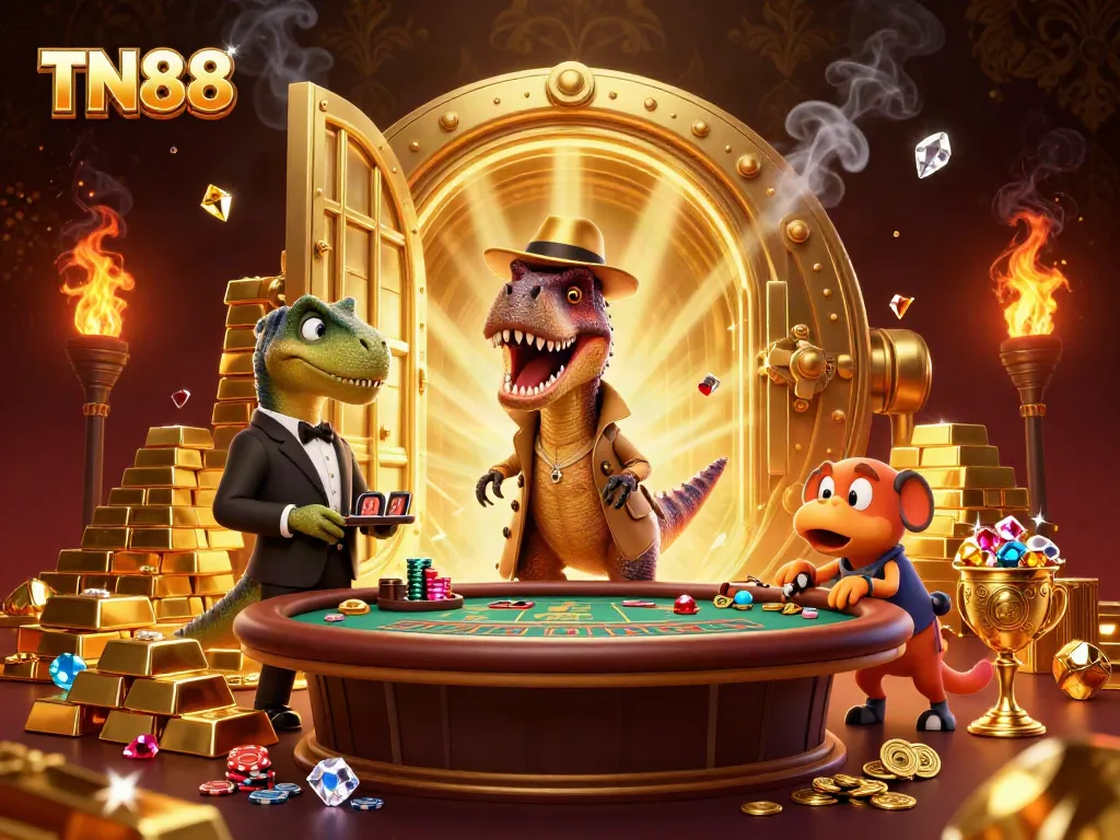 Catch the excitement at TN88 casino with a velociraptor at blackjack and treasure shining all around.