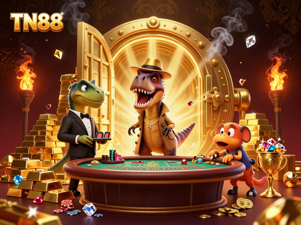 Catch the excitement at TN88 casino with a velociraptor at blackjack and treasure shining all around.