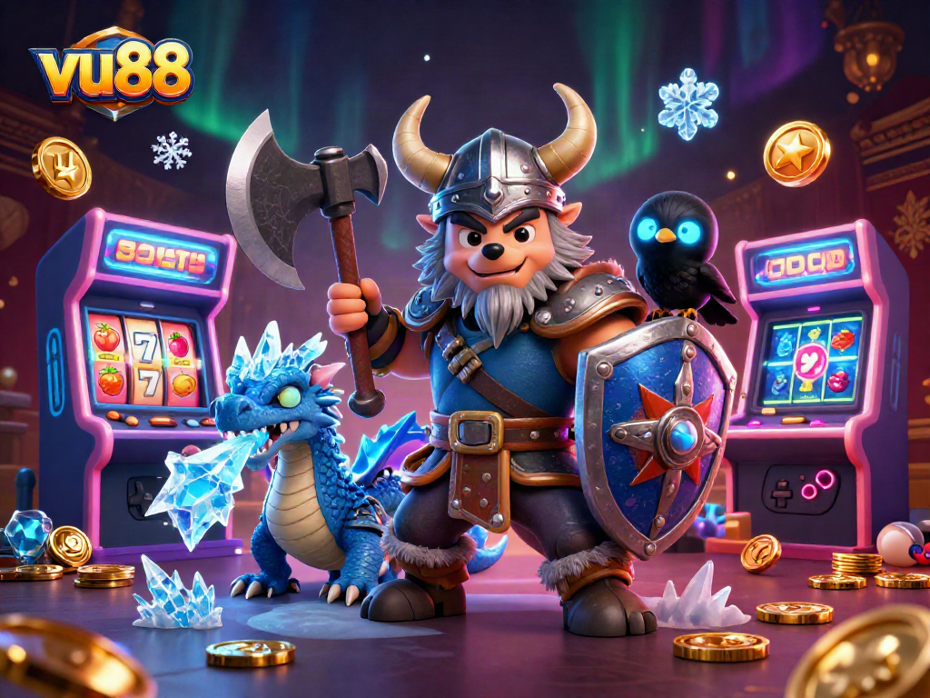 Engage in thrilling gameplay at vu88 with a vibrant 3D scene of Viking warrior and casino elements.