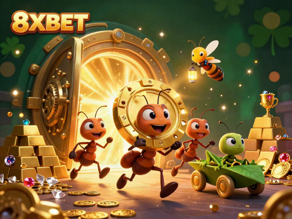 Experience the excitement of 8XBET with cartoon ants in a heist, showcasing gold treasures and a dynamic casino scene.