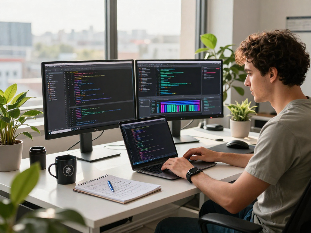 Developer engaged in coding at ne88.com workspace with vibrant displays, coffee, and notes.