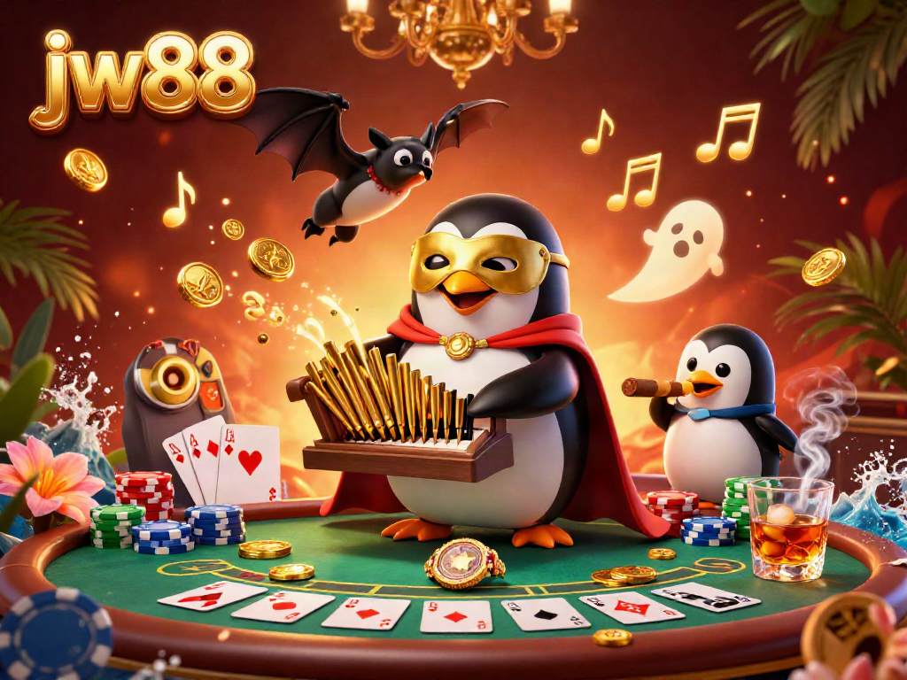 Experience thrilling gameplay at jw88 with a captivating illustration of a phantom penguin, poker elements, and vibrant gambling atmosphere.