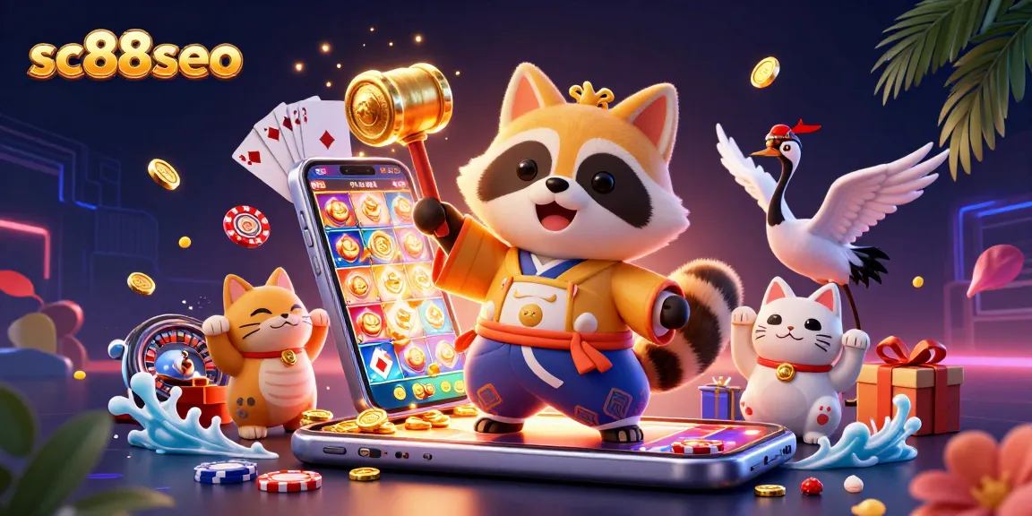 Spin and win with sc88seo's vibrant 3D casino illustration featuring lucky tanuki and fortune cats!