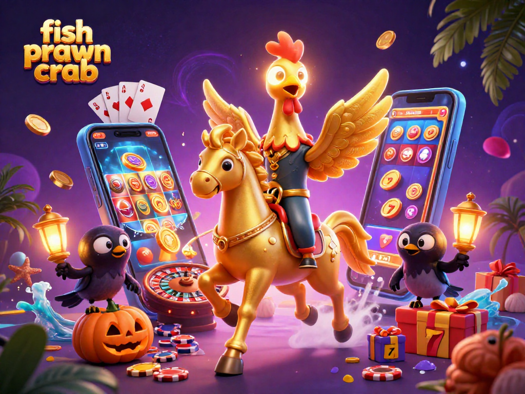 Engage with the colorful fish prawn crab gaming scene, featuring a golden rooster in a vibrant casino setting.