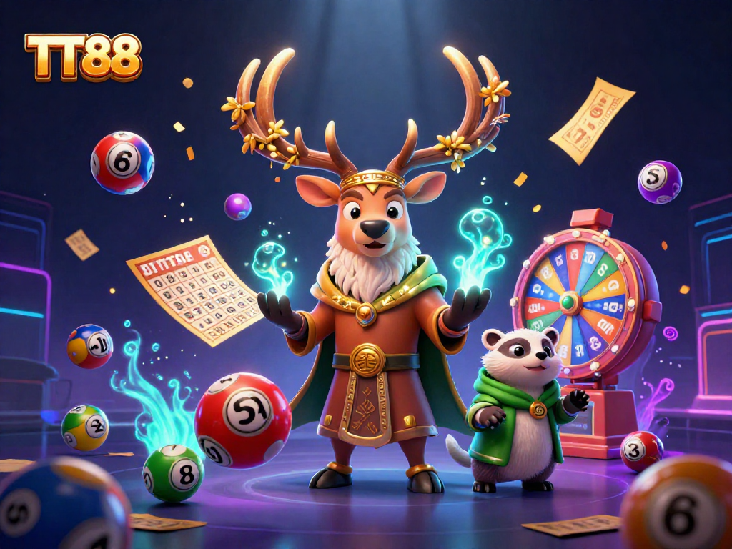 Experience TT88 excitement with a druid stag, badger, and vibrant casino elements!