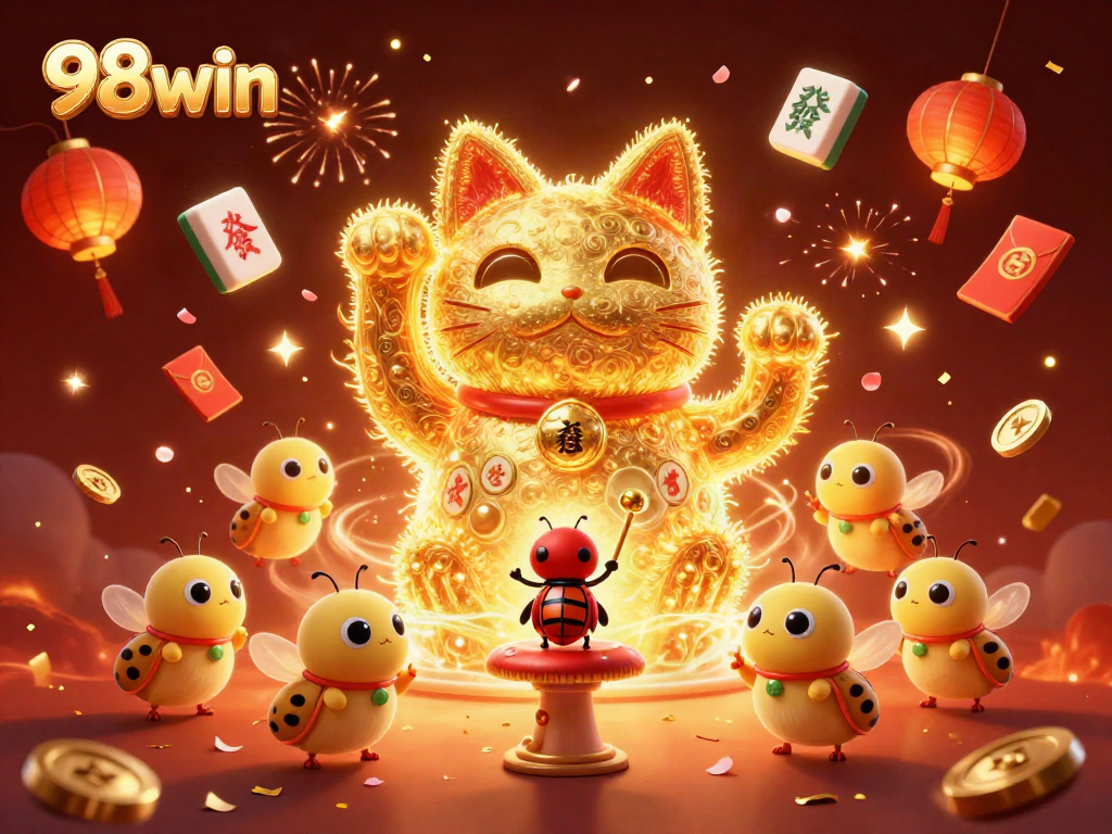 Experience the thrill of 98win with animated characters celebrating big wins amidst vibrant casino symbols.