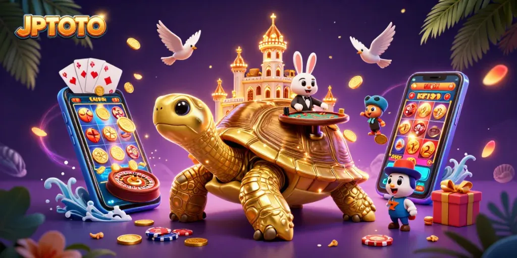 Engage in JPTOTO's vibrant casino scene featuring a playful tortoise with a card dealer.
