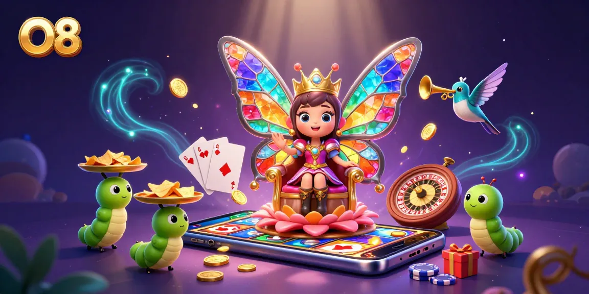 O8's butterfly queen welcomes players with dazzling slot games and golden chips in a vibrant casino scene.