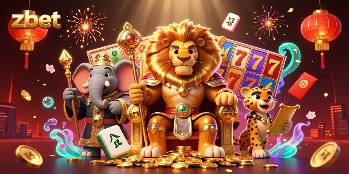 Engage with zbet's dynamic casino scene featuring a fierce lion king and vibrant gambling elements.