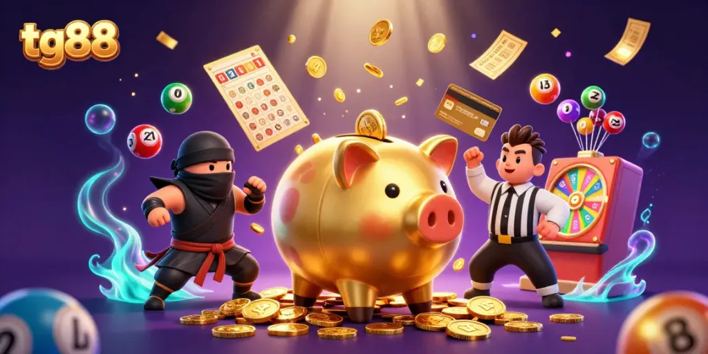 Experience thrilling gaming action at tg88 with a golden piggy bank sumo wrestler amidst vibrant casino elements.