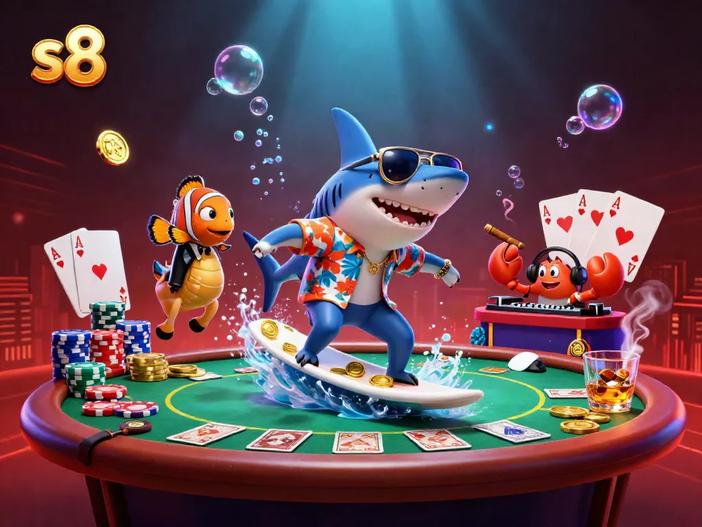S8 brings exciting casino action with colorful characters surfing on coins, enhancing your gaming experience.