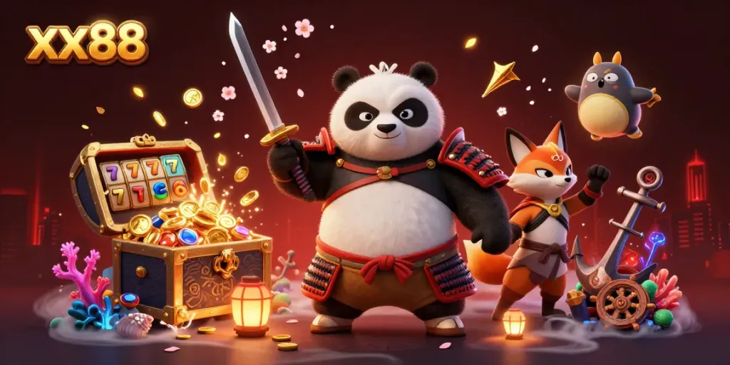 Win with xx88's dynamic 3D casino adventure featuring vibrant characters and slots.