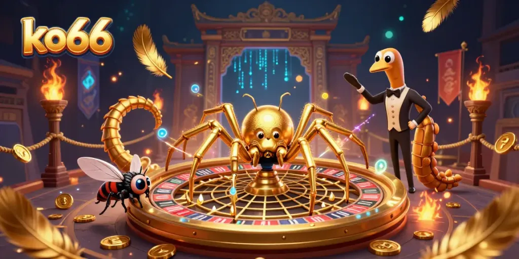 Engage with thrilling bets at ko66 in a vibrant golden roulette web spun by a cartoon spider and a centipede croupier.