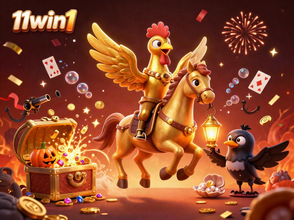 Engage with thrilling wins at 11win1 featuring a golden rooster, headless horseman, and vibrant casino elements.