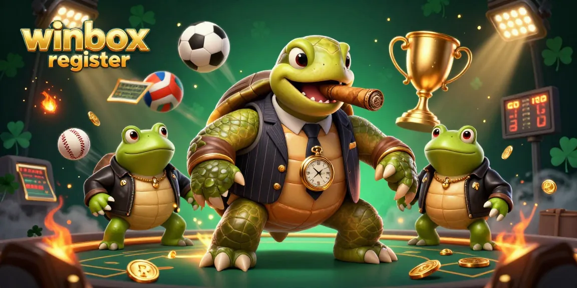 Winbox register process illustrated with a cartoon turtle and bullfrogs in a dynamic casino scene.