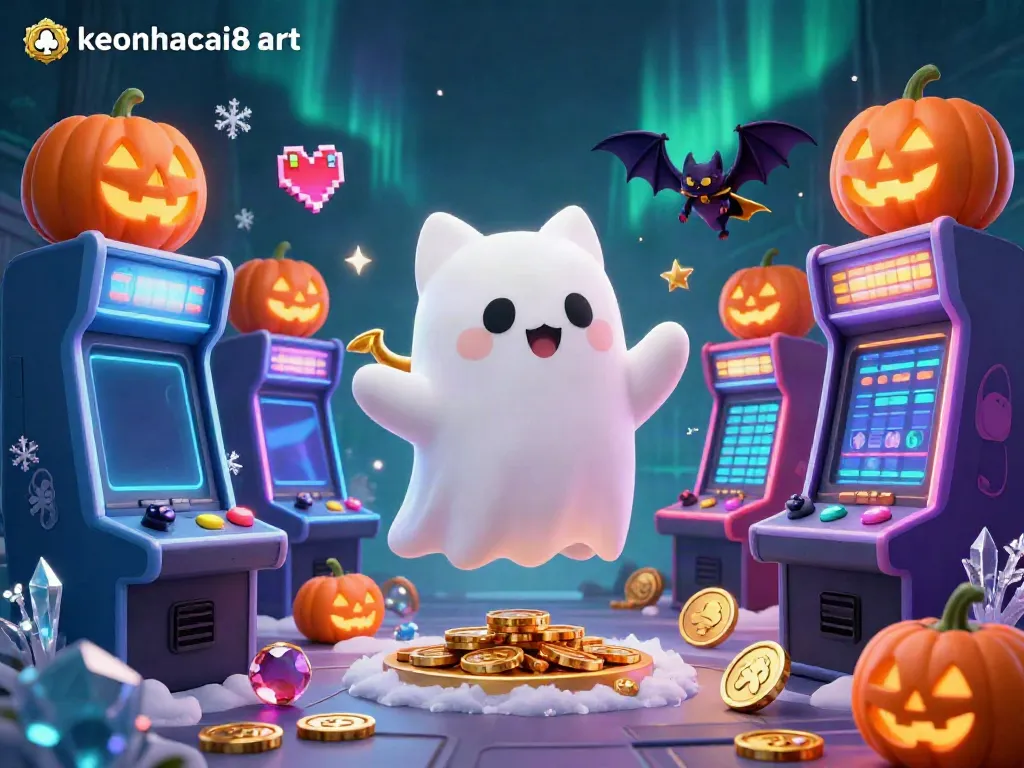 Engage with keonhacai8 art's vibrant casino adventure featuring a ghost cat and vampire bat.