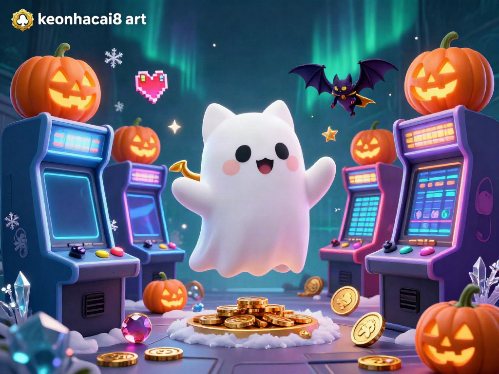 Engage with keonhacai8 art's vibrant casino adventure featuring a ghost cat and vampire bat.