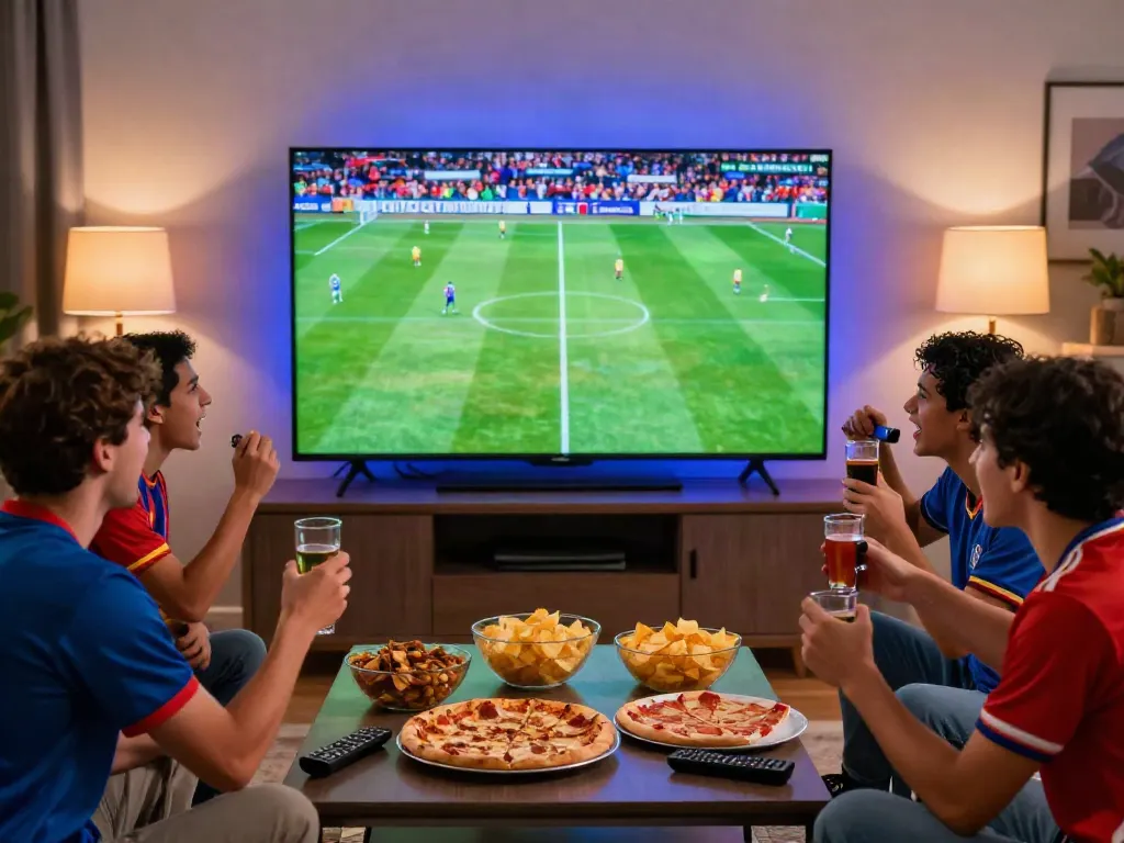 Friends enjoying football match on Thapcamtv with snacks and drinks.