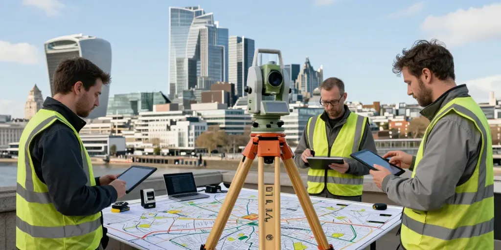 Topographical Survey London performed by surveyors using advanced equipment amidst the London skyline.