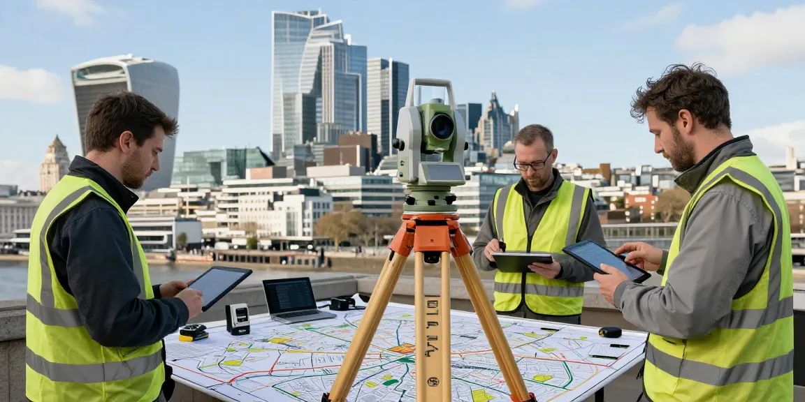 Topographical Survey London performed by surveyors using advanced equipment amidst the London skyline.