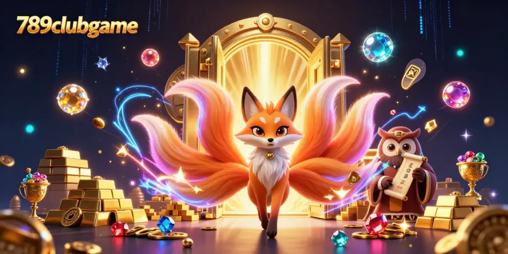 Engage with 789clubgame's vibrant online casino universe featuring a mystical fox and wise owl amidst treasures.