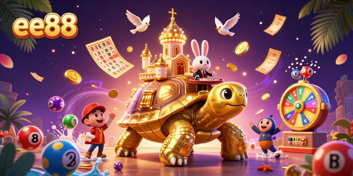 Play fun games with ee88's vibrant casino illustration featuring a golden tortoise and a lively rabbit dealer.