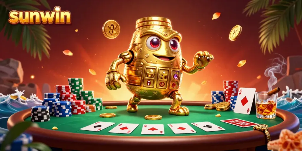 Experience the thrilling world of Sunwin with an interactive golden golem and vibrant casino elements.