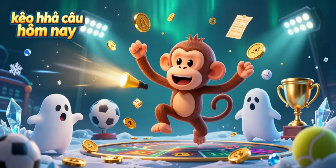kèo nhà cái hôm nay featuring a mischievous poltergeist monkey juggling golden items in a haunted casino.