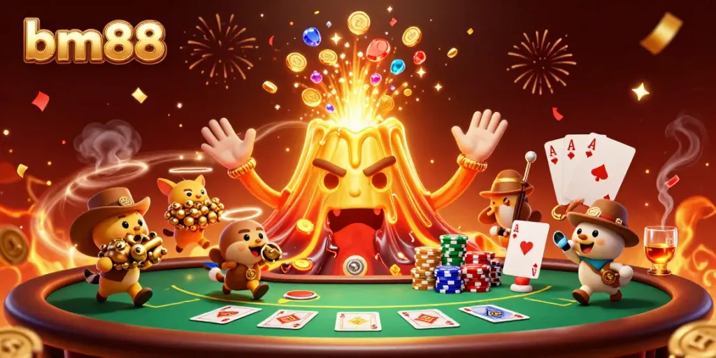 Experience the thrill of bm88 with a vibrant 3D casino scene of a golden volcano pouring treasures amid celebratory fireworks.