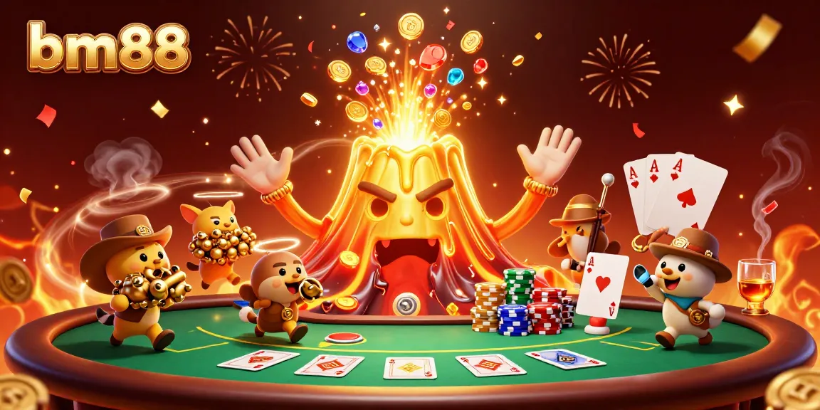 Experience the thrill of bm88 with a vibrant 3D casino scene of a golden volcano pouring treasures amid celebratory fireworks.