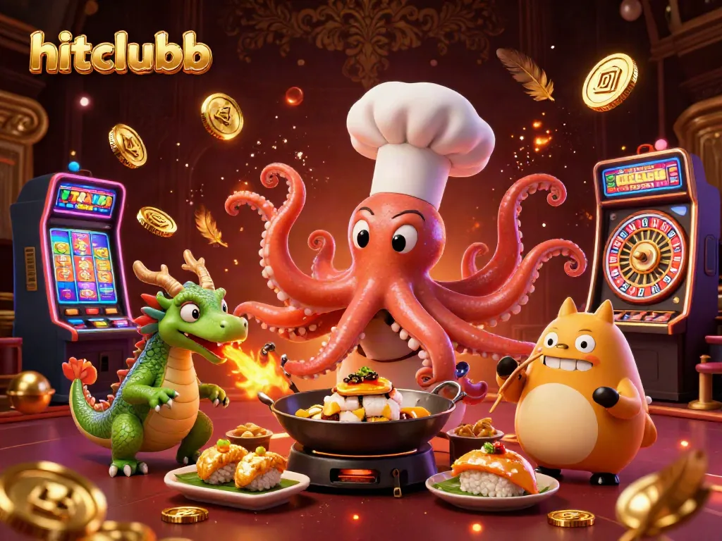 Win big with hitclubb in this vibrant casino scene featuring an octopus chef, dragon, and lively gaming elements.