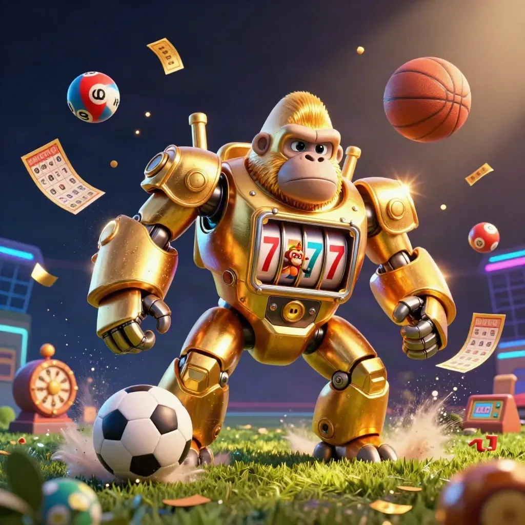 Golden gorilla mech with slot reels, balls, tickets and neon casino effects on a dark sports backdrop.