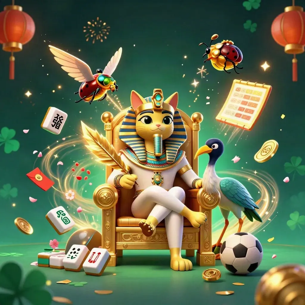Pharaoh cat, ibis scribe, and gem-wing scarabs amid casino talismans and glowing sports props.