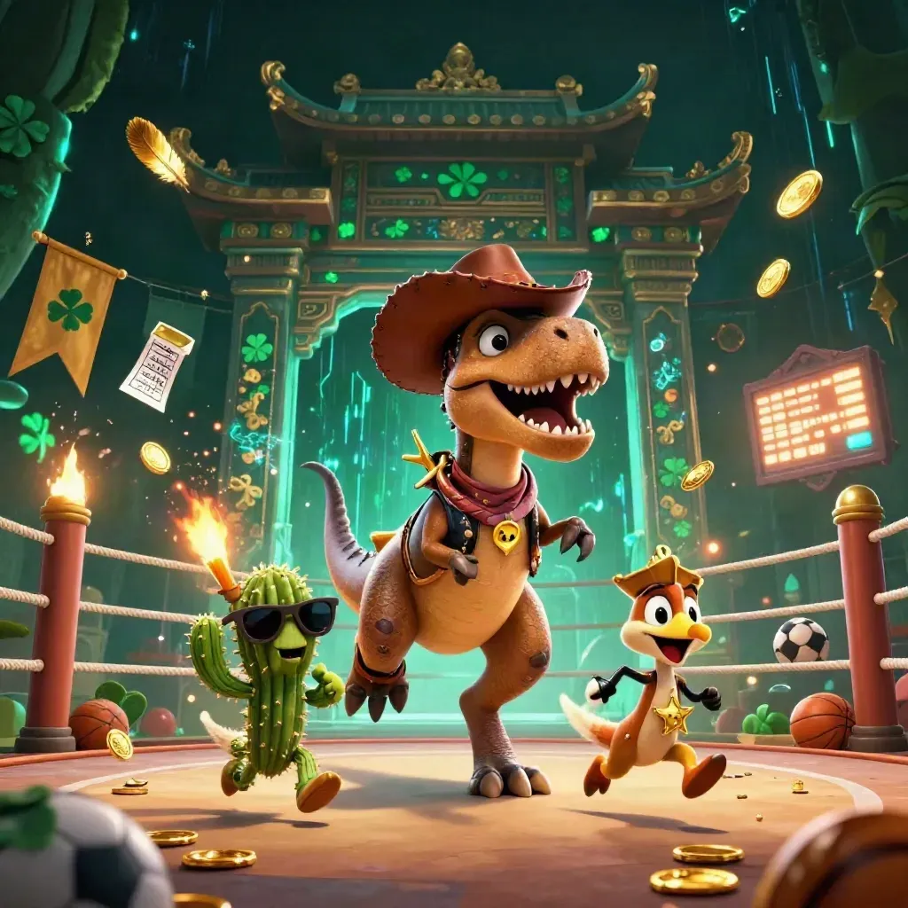 Cowboy T-Rex, cactus sidekick, and roadrunner in a teal casino-western action scene.