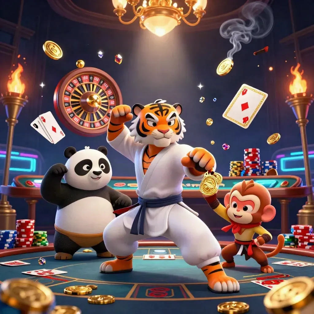 Tiger, panda, and monkey in a luxe neon casino blast of coins, cards, and chips.